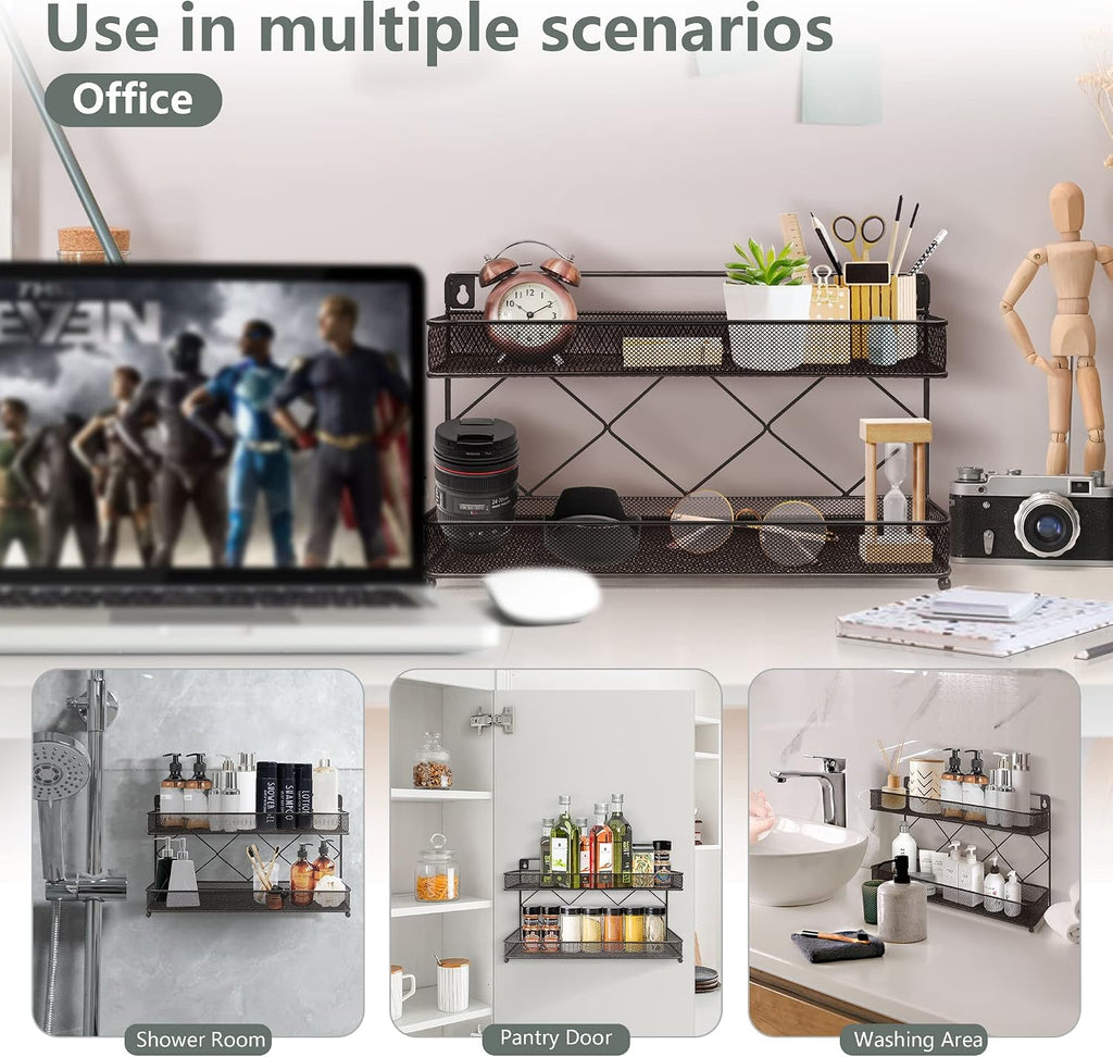 2 Tier Metal Kitchen Counter-Top or Wall Mount Spice Rack, Jars Storage Organizer, Cabinet Holder, Spice Seasoning Organizer for Partry (Bronze)