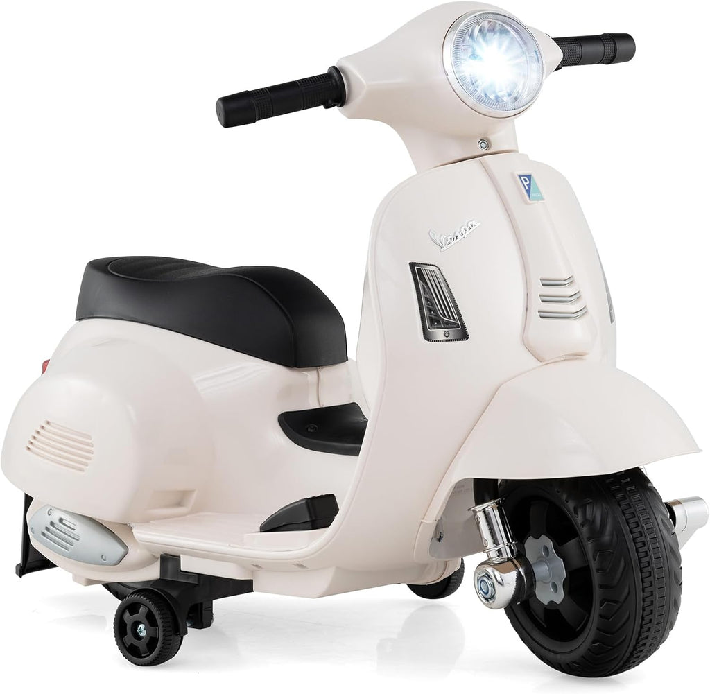 Licensed Vespa Scooter Kids Motorcycle by , 6V Ride on Electric Motorcycle with Training Wheels, Headlight, Battery Powered 3 Wheels Toy Gift with LED Headlight Horn for Boys Girls (White)