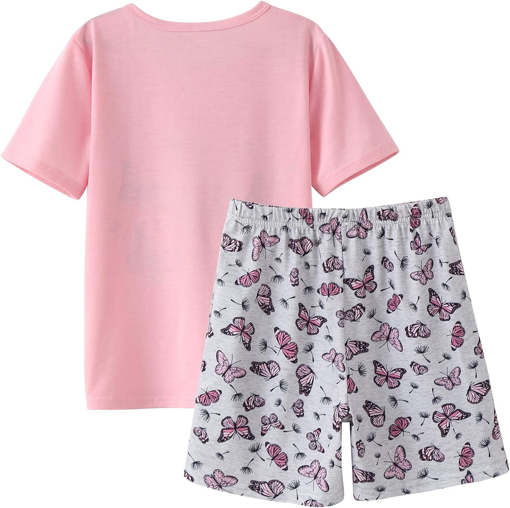 Big Girls Sleepwear Cute Cartoon 2PCS Pajama Sets | Big Girls Summer Pajama Sets, Cotton Blend 65% Cotton, 35% Polyester, Cute Patterns Printed, Softness Pullover Lounge Outfit