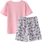 Big Girls Sleepwear Cute Cartoon 2PCS Pajama Sets | Big Girls Summer Pajama Sets, Cotton Blend 65% Cotton, 35% Polyester, Cute Patterns Printed, Softness Pullover Lounge Outfit