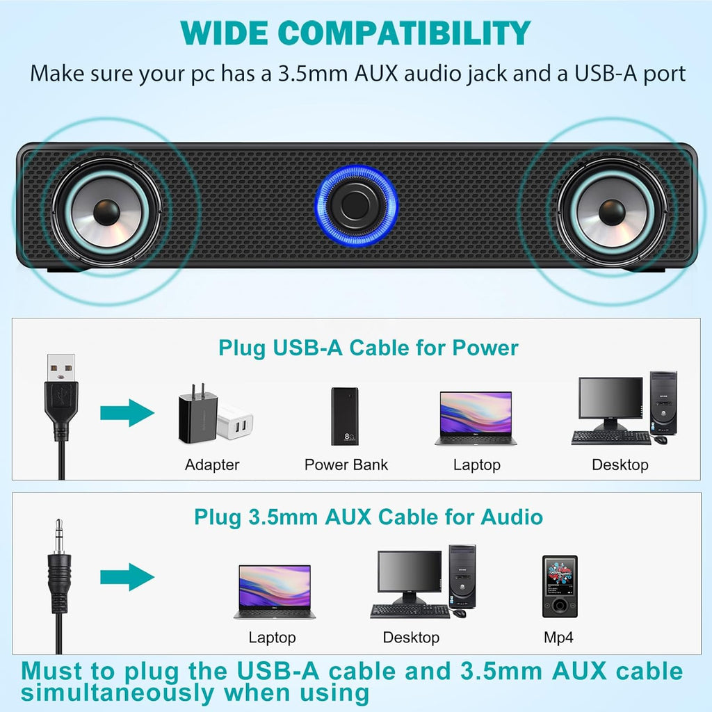 Computer Speakers, USB-A Powered PC Speakers Wired Stereo Desktop Speakers with 3.5Mm AUX Audio Plug (No Bluetooth) for Computer, Desktop, Laptop, PC [2026 Version]