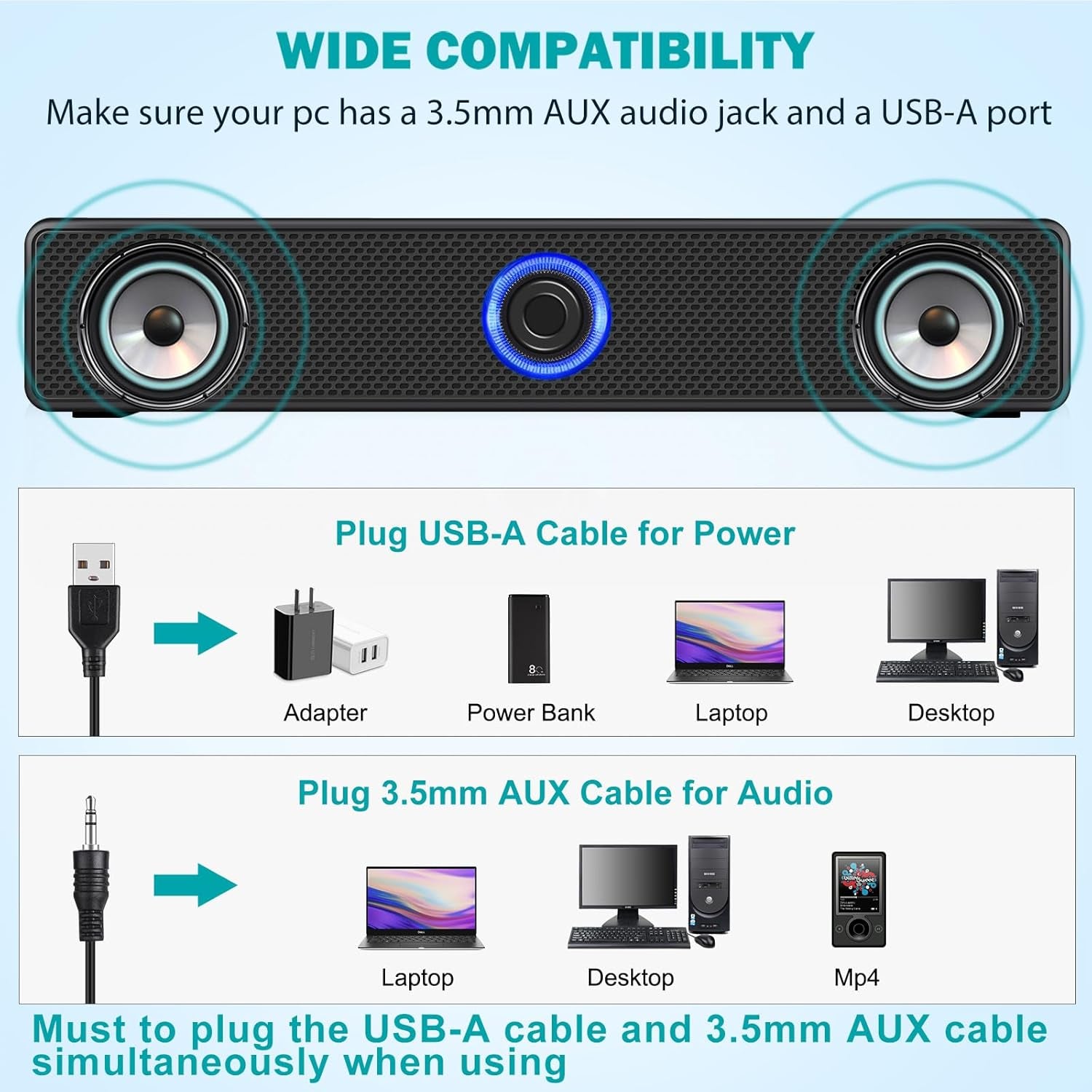 Computer Speakers, USB-A Powered PC Speakers Wired Stereo Desktop Speakers with 3.5Mm AUX Audio Plug (No Bluetooth) for Computer, Desktop, Laptop, PC [2026 Version]