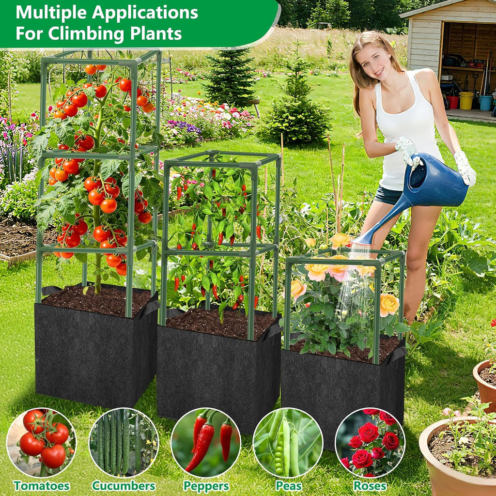 3 Sets 49'' Square Tomato Cages with 18-Gallon Grow Bags for Garden | Heavy-Duty Steel Trellis Kit, Support Towers with Stakes, for Tomatoes, Cucumbers, Peppers, Climbing Vegetables & Flowers