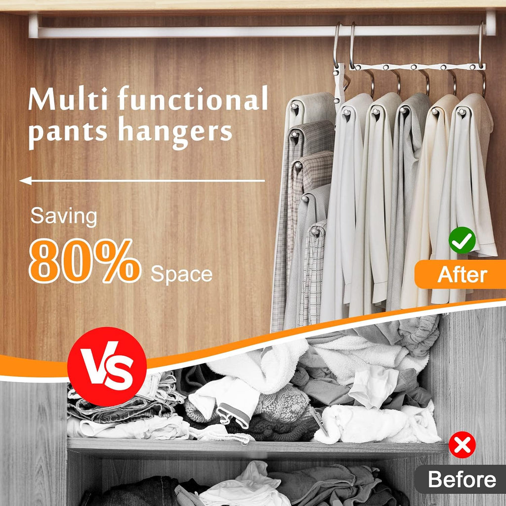 2 Pack Pants Hangers Space Saving, Anti-Slip Multi-Functional Pants Rack, Thickened Stainless Steel Tube with 10 Metal Clips, Two Hanging Modes Suitable for Jeans Trousers Skirts Scarf-White
