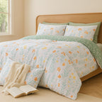 Green Floral Microfiber Duvet Cover Set 3Pcs Queen Bedding Comforter Cover Botanical Reversible Quilt Ultra Soft Bedspread Zipper Closure Cozy Farmhouse Boho Cottage Style Bedroom Essentials