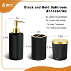 Matte Black and Gold Bathroom Accessories Set, 4 Pack Glass Bath Accessory Sets Complete, Ribbed Soap Dispenser and Toothbrush Holder Set with 2 Qtip Holders, Modern Gold Bathroom Decor