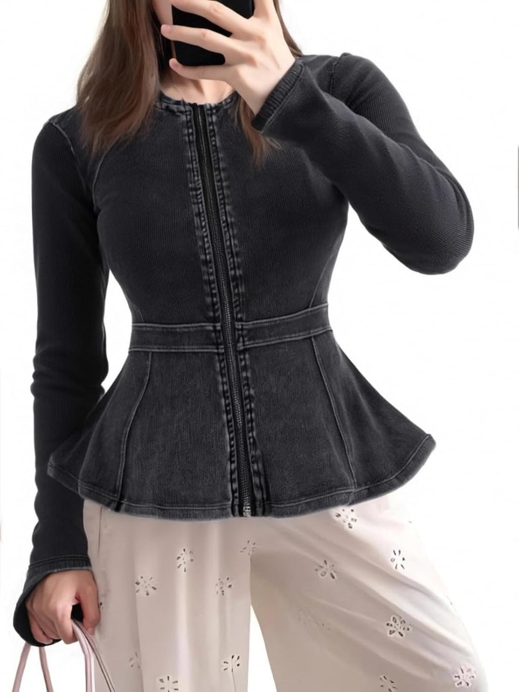 Casual Denim Peplum Jacket for Women Long Sleeve Zip Front Athletic Workout Ruffle Blazer Coats