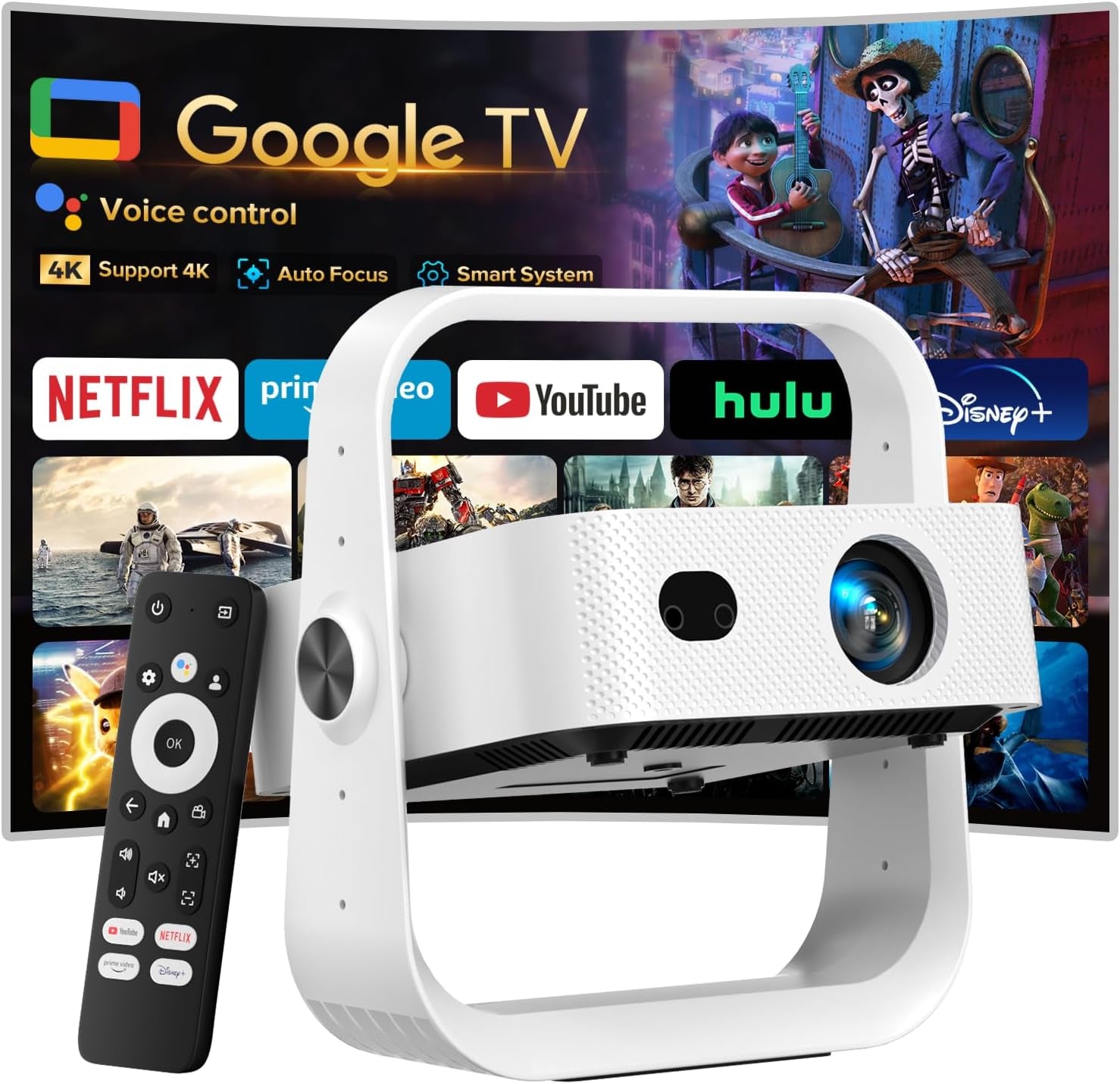 Projector Built-In Google Tv/Apps 4K AI Auto Focus, Voice Control | 3000 Bright, Google TV and 10,000+ Apps. Wifi 6 & Bluetooth 5.0, Portable Proyector for Bedroom/Ceiling/Camping/Ps5/Switch