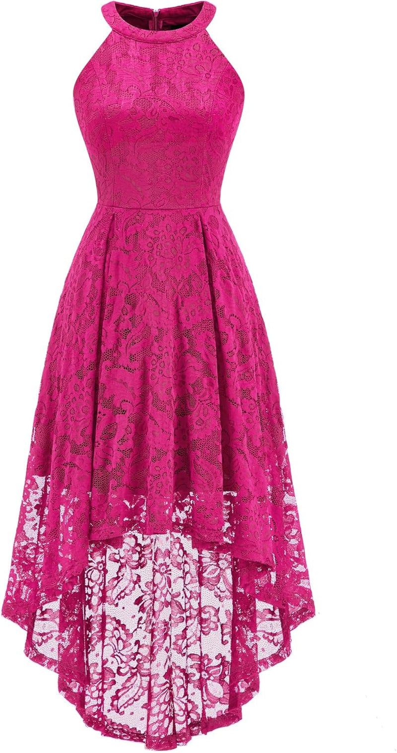 Women Halter Lace Hi Lo Wedding Guest Cocktail Formal Dress | Bridesmaid Wedding Dresses,Sleeveless,Halter Top Neckline,High Low Hem,Elegant a Line Design,Soft Floral Lace Party Dress