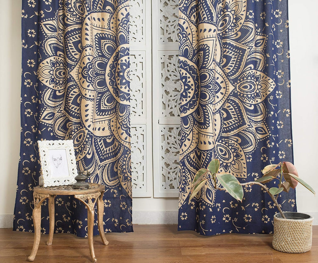 Indian Hippie Bohemian Beautiful Passion Ombre Color Mandala Curtain Panels Blue Gold