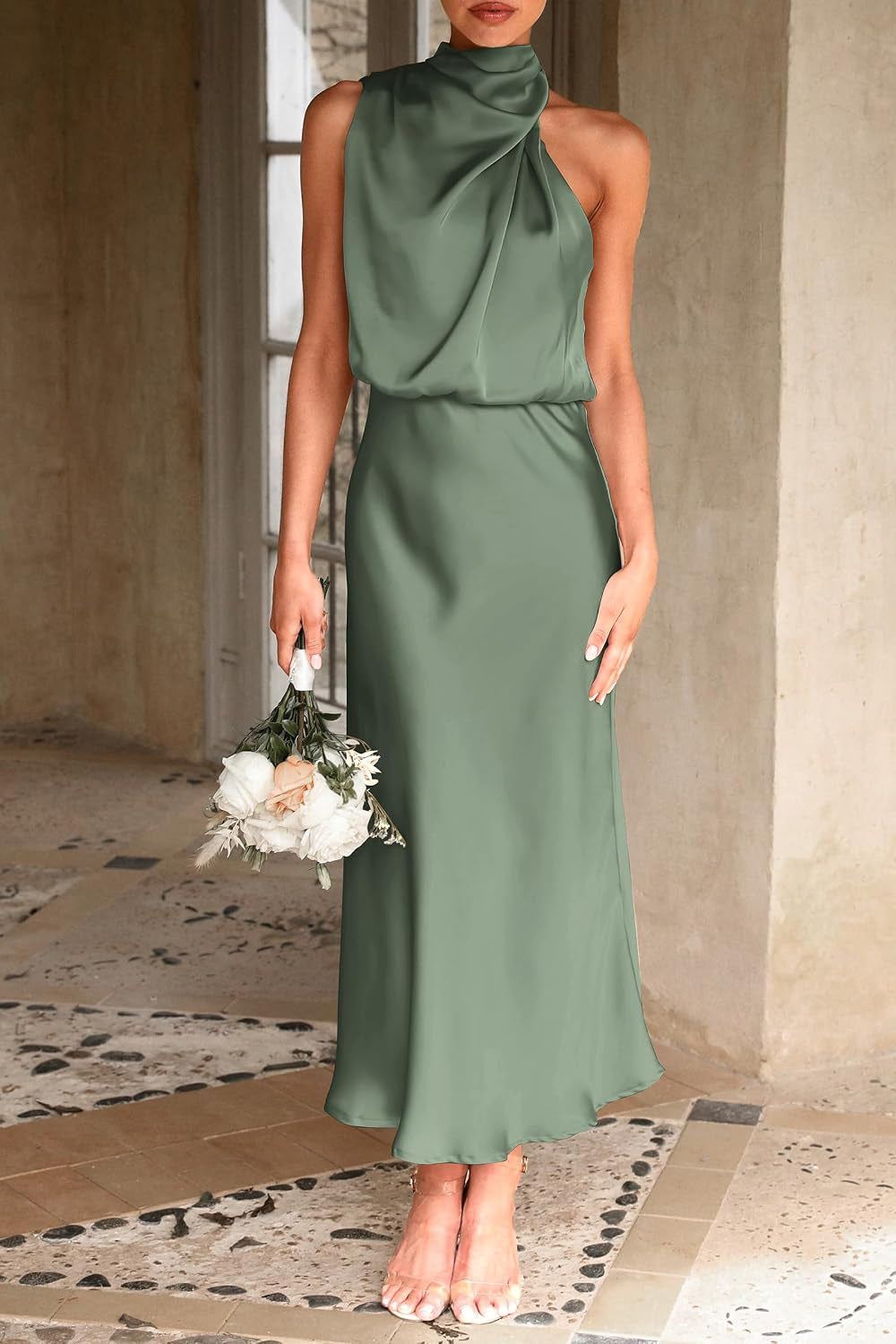 Women'S 2026 Summer Satin Dress Elegant Sleeveless Mock Neck Cocktail Party Maxi Dresses