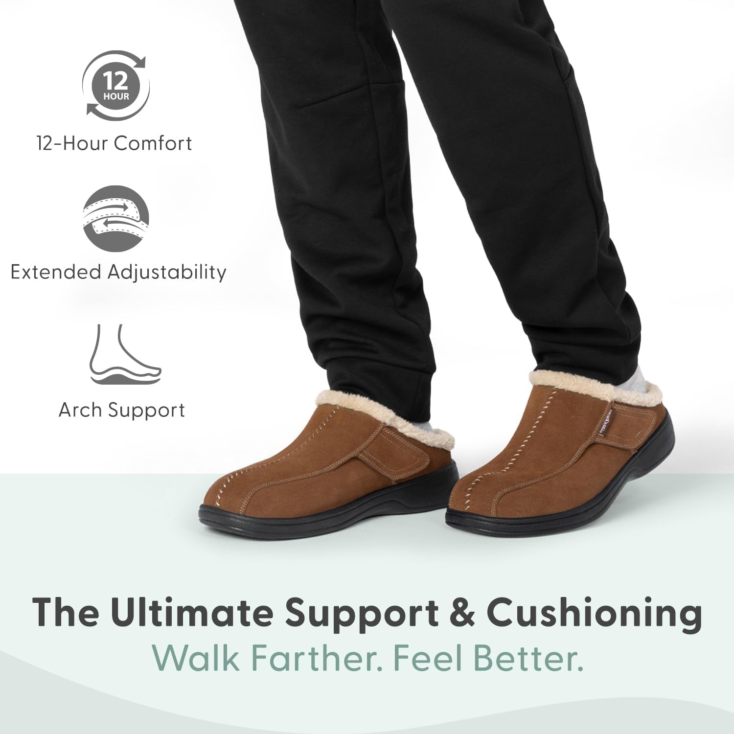 Asheville Orthopedic Men House Slippers | Hands Free, Adjustable, Slip-On Faux Fur Supportive House Shoes with Arch Support, Comfortable Cushioning, Wide Toe Box
