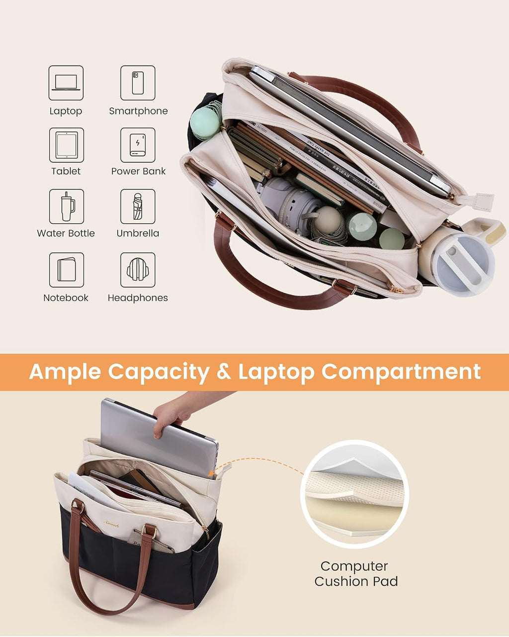 Laptop Tote Bag for Women with 3 Separate Pocket Work Bag with Large Cup Holder Computer Briefcase for Teacher Nurse