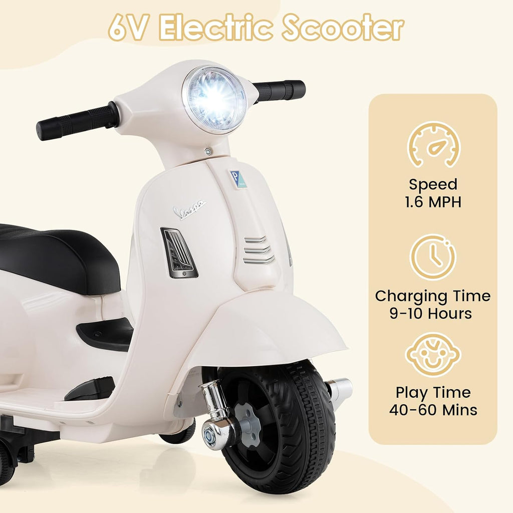 Licensed Vespa Scooter Kids Motorcycle by , 6V Ride on Electric Motorcycle with Training Wheels, Headlight, Battery Powered 3 Wheels Toy Gift with LED Headlight Horn for Boys Girls (White)