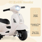 Licensed Vespa Scooter Kids Motorcycle by , 6V Ride on Electric Motorcycle with Training Wheels, Headlight, Battery Powered 3 Wheels Toy Gift with LED Headlight Horn for Boys Girls (White)