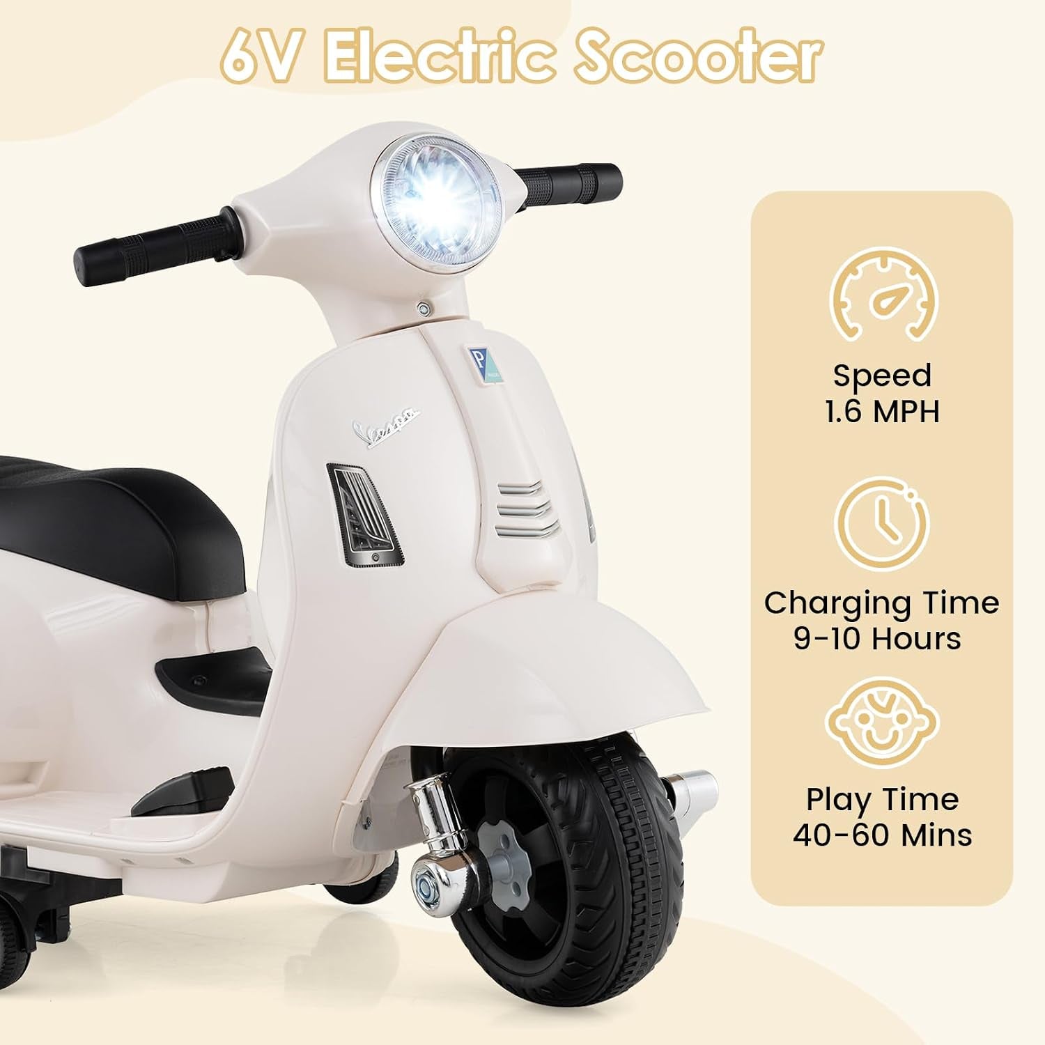 Licensed Vespa Scooter Kids Motorcycle by , 6V Ride on Electric Motorcycle with Training Wheels, Headlight, Battery Powered 3 Wheels Toy Gift with LED Headlight Horn for Boys Girls (White)