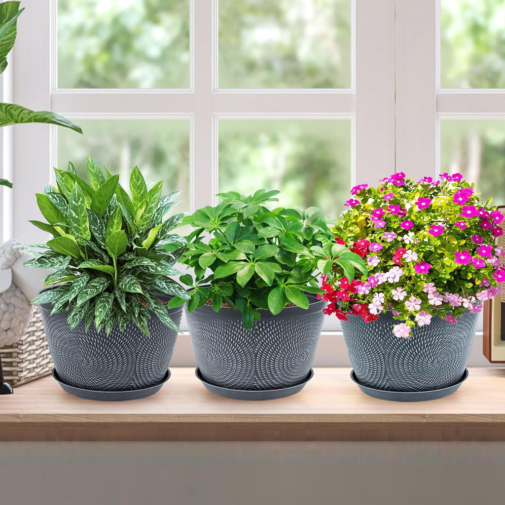 10 Inch Flower Pots Planters for Outdoor Indoor, 3 Pack Plastic Plant Pots with Drainage Hole & Tray, Modern Decorative Garden Pot with Saucer, Planters for House (Gray)