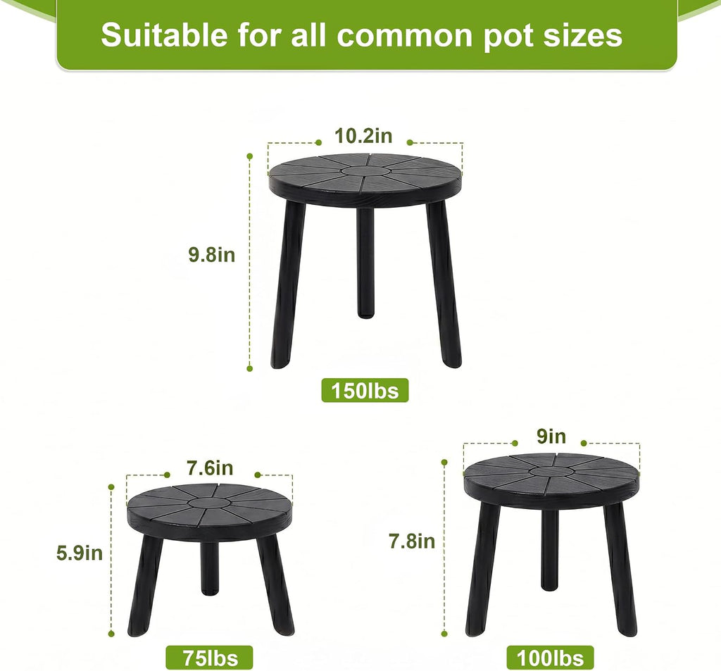 Wood Plant Stands Indoor, 3-Pack Single Plant Stand for 7-10 Inch Pots, Mid-Century Modern Plant Stool, Tall Plant Stand for Large Plants for Living Room, Balcony, Office (Black, 3-Pack)