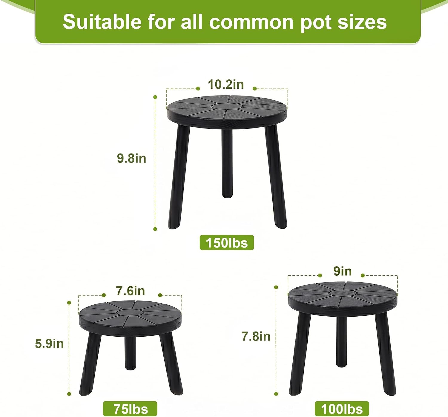 Wood Plant Stands Indoor, 3-Pack Single Plant Stand for 7-10 Inch Pots, Mid-Century Modern Plant Stool, Tall Plant Stand for Large Plants for Living Room, Balcony, Office (Black, 3-Pack)