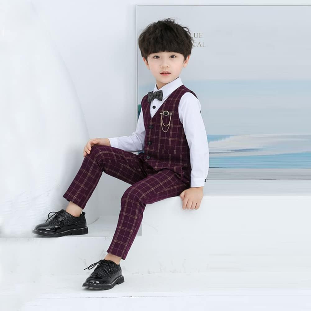 Boys Vest Pants Set Plaid Dress Suit with Shirt Kids Tuxedo Formal Wedding Ring Bearer Outfit