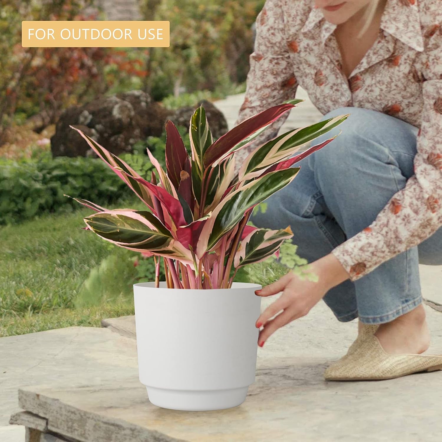 Indoor Plant Pots Planters 8 Inch Plastic Planter with Hole & Saucer Flower Pots Modern Decorative for Outdoor Garden Home (White X 3 Pack)