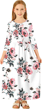 Girls Maxi Dress Floral 3/4 Long Sleeve Dresses with Pockets for Girls 6-12 Years