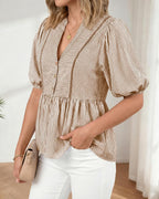 Women Lantern Sleeve Button up Stripes Babydoll Tops | Summer V Neck Lace Trim Peplum Shirts,Fall Fashion Striped Loose Tunic Top,Spring Business Casual Beach Vacation Clothes