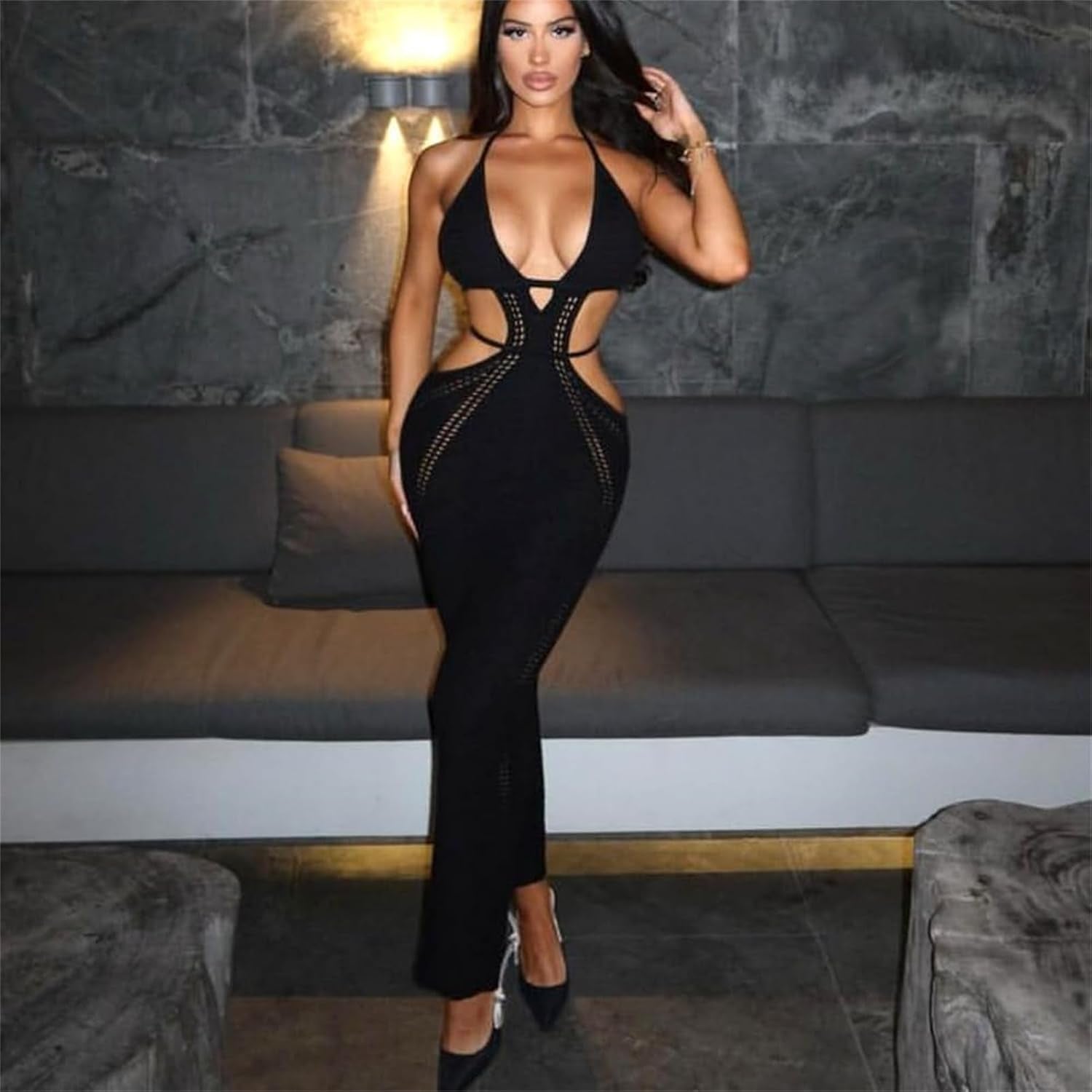Women Sexy Crochet Maxi Dress Cut Out Halter V Neck Backless Knit Bodycon Long Dress Summer Beach Evening Party Dresses