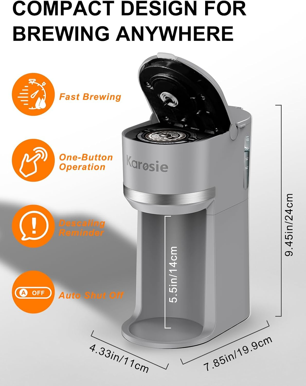Single Serve Coffee Maker for K-Cup and Ground Coffee, Fast Brew, 6-12 Oz Brew Sizes One Cup Coffee Machine Fits 5.5" Mugs, One-Button Small Coffee Maker with Descaling Reminder,Grey