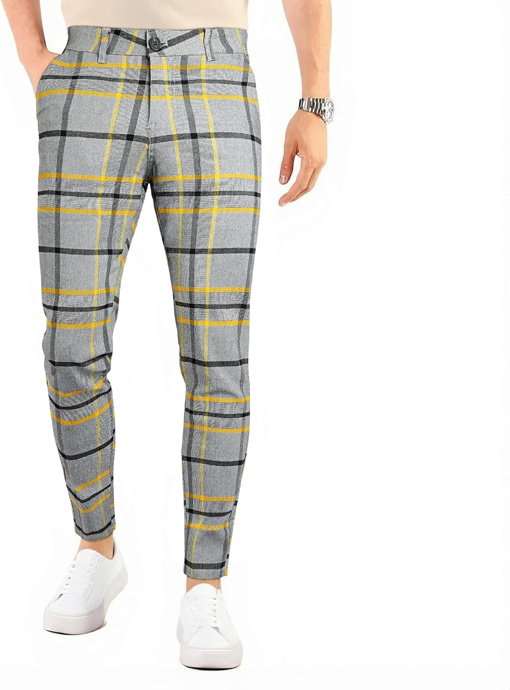 Mens Chinos Pants Slim Fit Stretch Plaid Dress