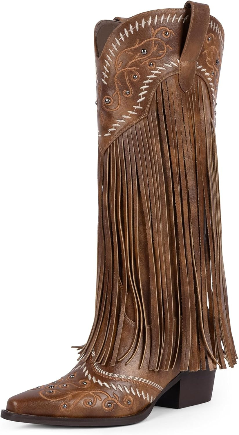 Fringe Cowboy Boots for Women Knee High Cowgirl Boots | Embroidered & Fringe Detail, Pointed Toe Mid Block Heel, All-Day Comfort, Fits Festivals, Parties, Weddings & All Occasions