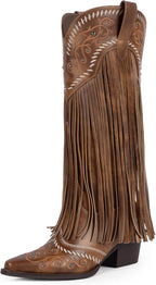 Fringe Cowboy Boots for Women Knee High Cowgirl Boots | Embroidered & Fringe Detail, Pointed Toe Mid Block Heel, All-Day Comfort, Fits Festivals, Parties, Weddings & All Occasions