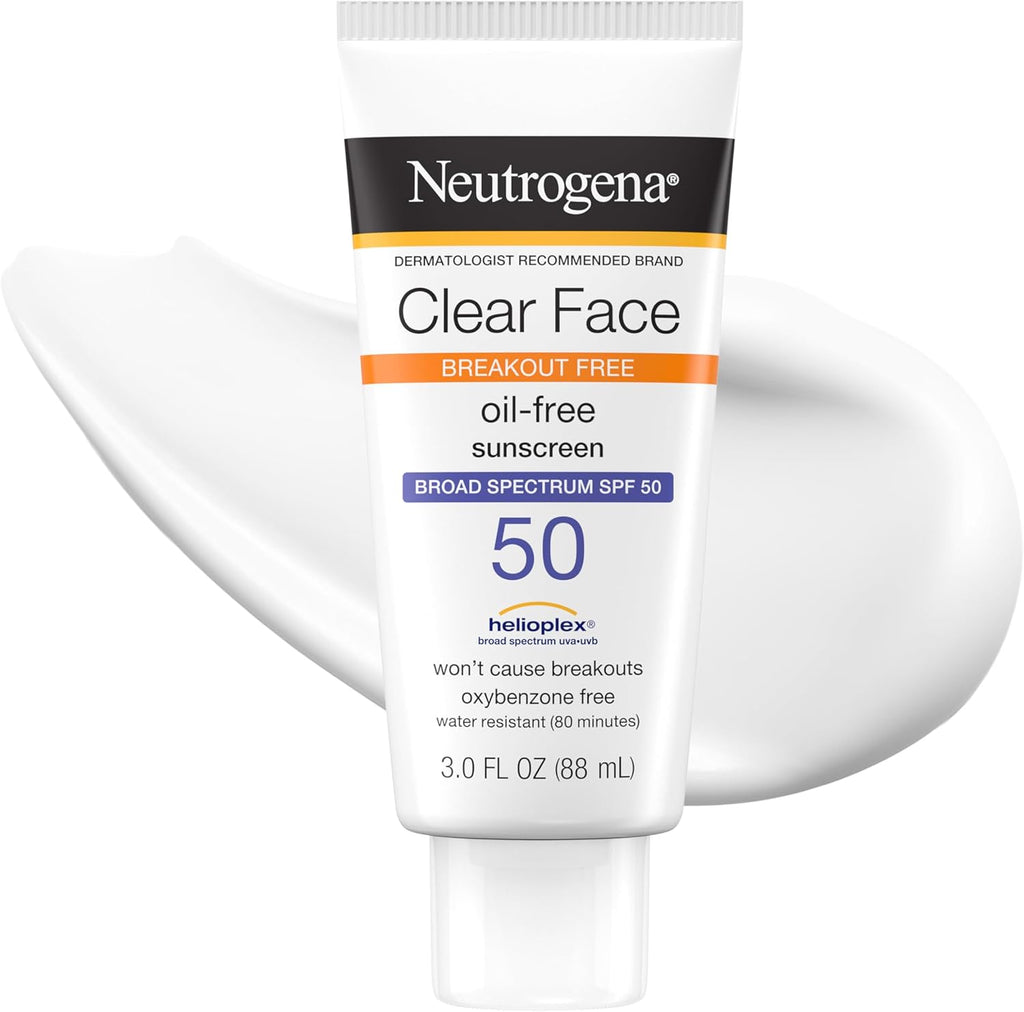 Neutrogena Clear Face Sunscreen Lotion SPF 50, 3 Fl. Oz | for Acne-Prone Skin, Broad Spectrum UVA/UVB Protection, Fragrance-Free, Oxybenzone-Free, Water-Resistant