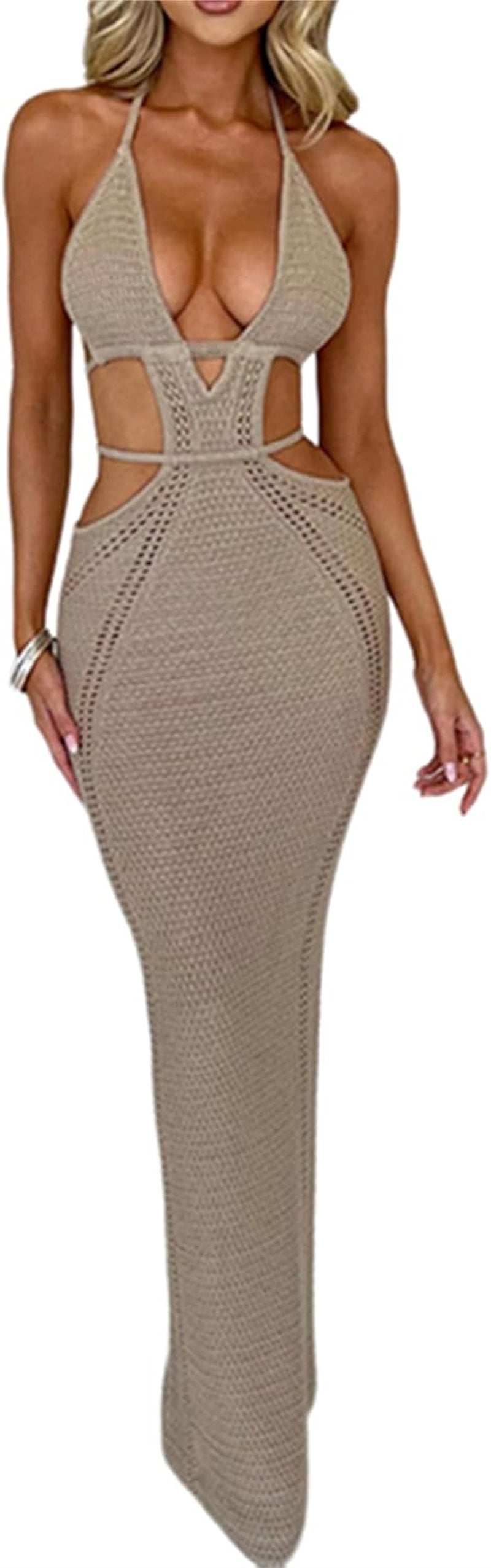 Women Sexy Crochet Maxi Dress Cut Out Halter V Neck Backless Knit Bodycon Long Dress Summer Beach Evening Party Dresses