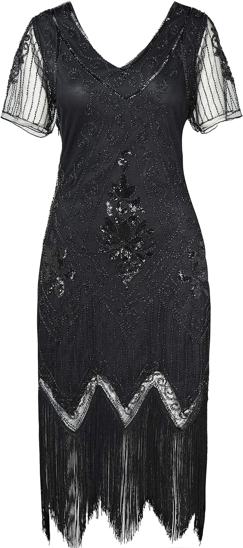 plus Size Flapper Dress 1920S Great Gatsby Costume Cocktail | plus Size Friendly, Fringe & Sequin Accents, Tassel Hem, Sequin-Beaded Vintage Pattern, for Roaring 20S Party