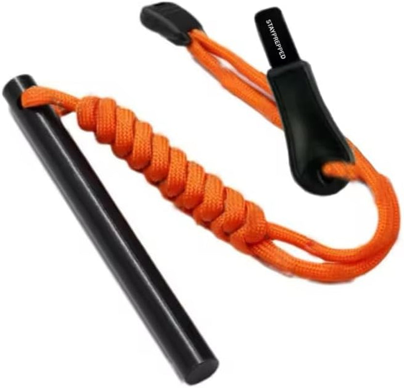 4 Inch Survival Ferrocerium Drilled Flint Waterproof High Spark Fire Starter | Ferro Rod Kit with Orange Paracord Landyard Handle and SS Striker