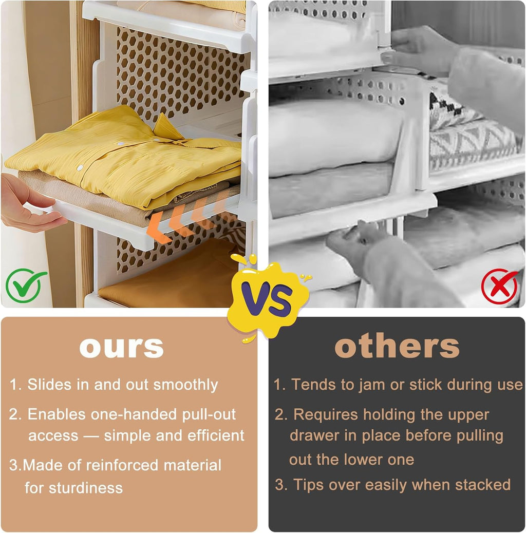 5Pack Upgraded Stackable Pull Out Closet Drawers | Reinforced Plastic, Smooth Sliding Stackable Pull-Out Access, anti Tipping Foldable Storage Containers for Bedroom & Office