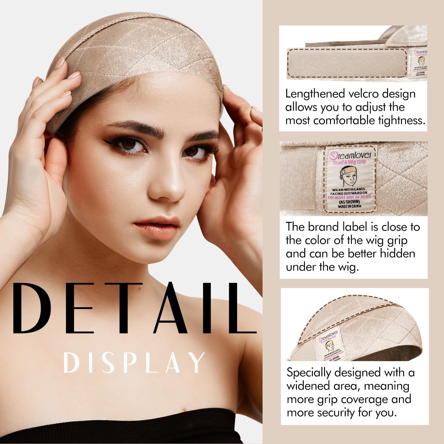 Wide Wig Grip Band for Lace Front Wigs, Velvet Wig Grip Band with Adjustable Hook & Loop Fastener, Nude, 1 Pieces