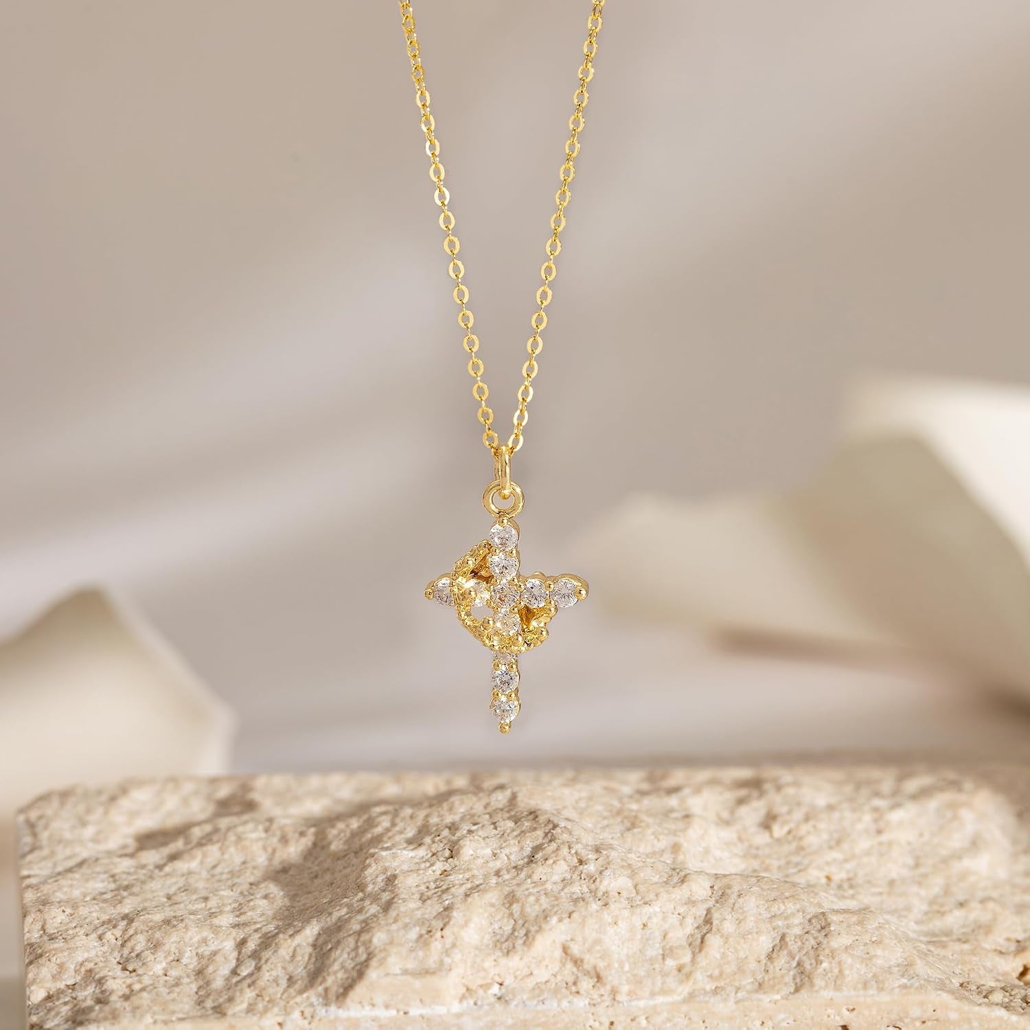 Upgraded Crown Cross Necklace for Women, 14K Gold Plated | Non-Tarnish Dainty Christian Faith Pendant for Gifting, First Communion, Baptism, Birthdays and Everyday Wear