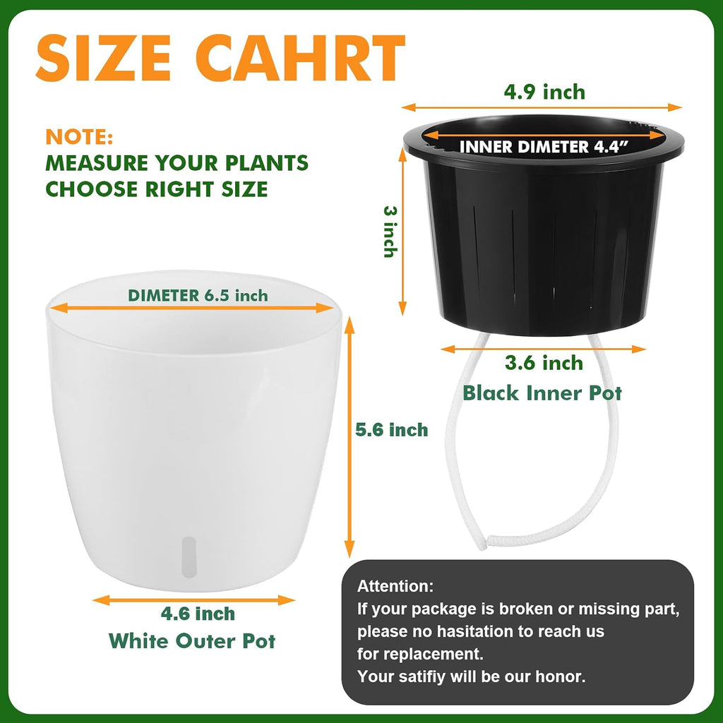 6.7 Inch Self Watering Pots for Indoor Plants, 4 Packs African Violet Pots with Indicator, Black Wick Pot with Drainage Holes, Self Watering Planters for Orchid, Devil'S Ivy, White