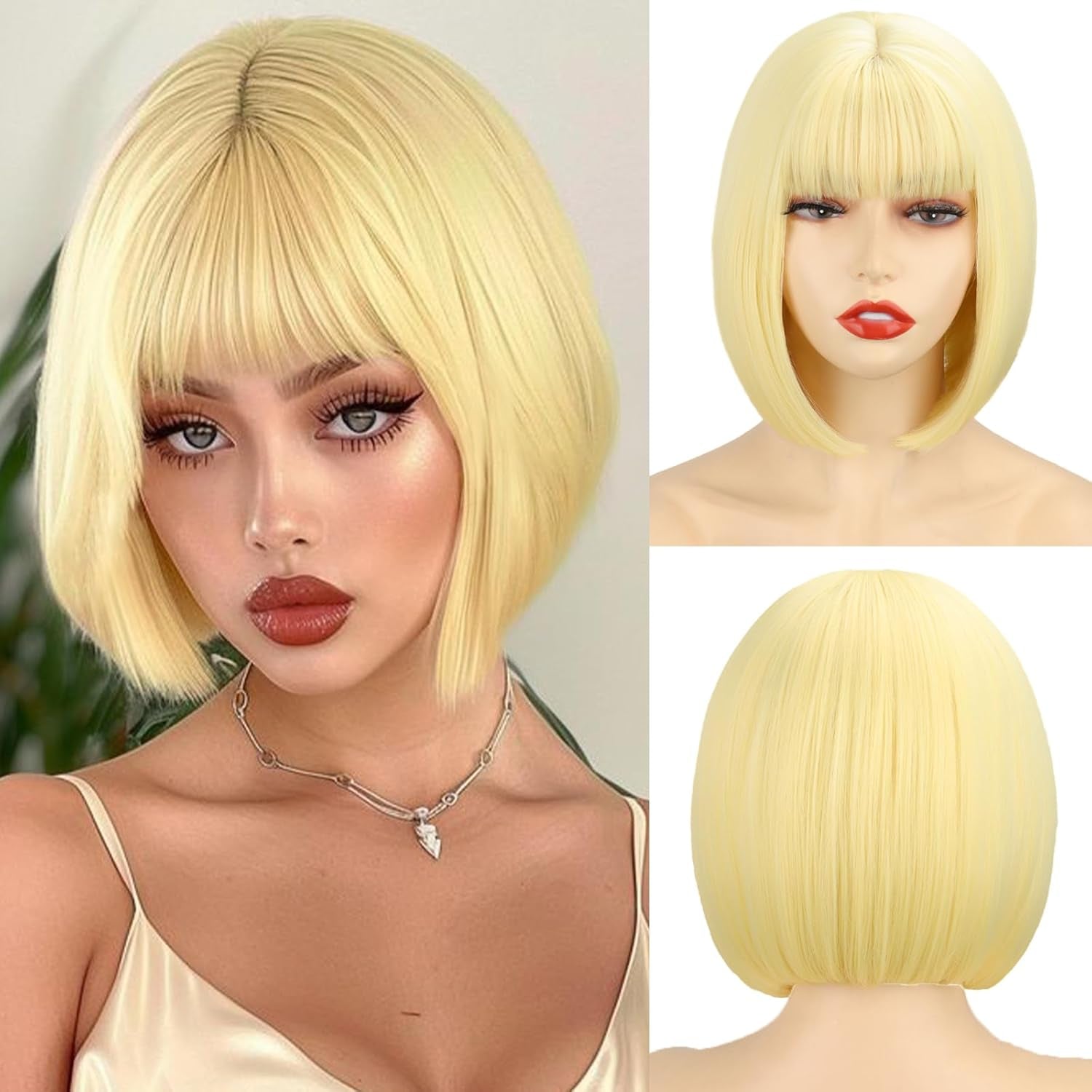 Blonde Bob Wig with Bangs，Straight Bob Wig Short Blonde Wigs for Women, Short Light Blond Synthetic Heat Resistant Colorful Wig for Cosplay Party Use