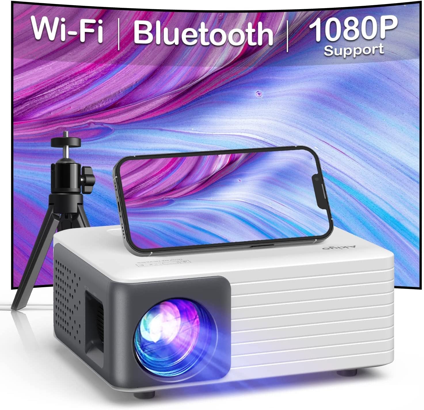 Mini Projector with Wifi and Bluetooth, 1080P Supported Iphone Projector with Projector Stand, Portable Movie Projector for Home Theater/Outdoor, Compatible with Ios/Android/Laptop/Tv Stick/Hdmi/Ps5