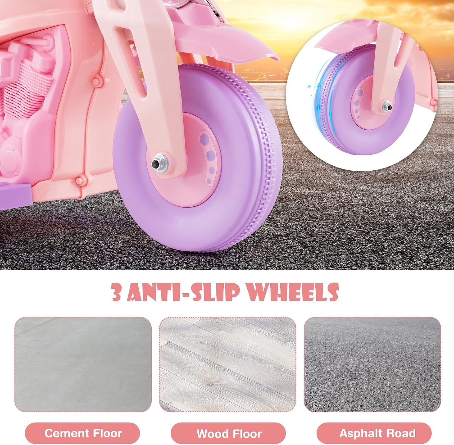 Kids Motorcycle, 6V Electric Ride on Car with Automatic Bubble Function, Foot Pedal, Headlight, Music, 3 Anti-Skip Wheels Vehicle for Children, Toddler Ages 3+ (Violet)