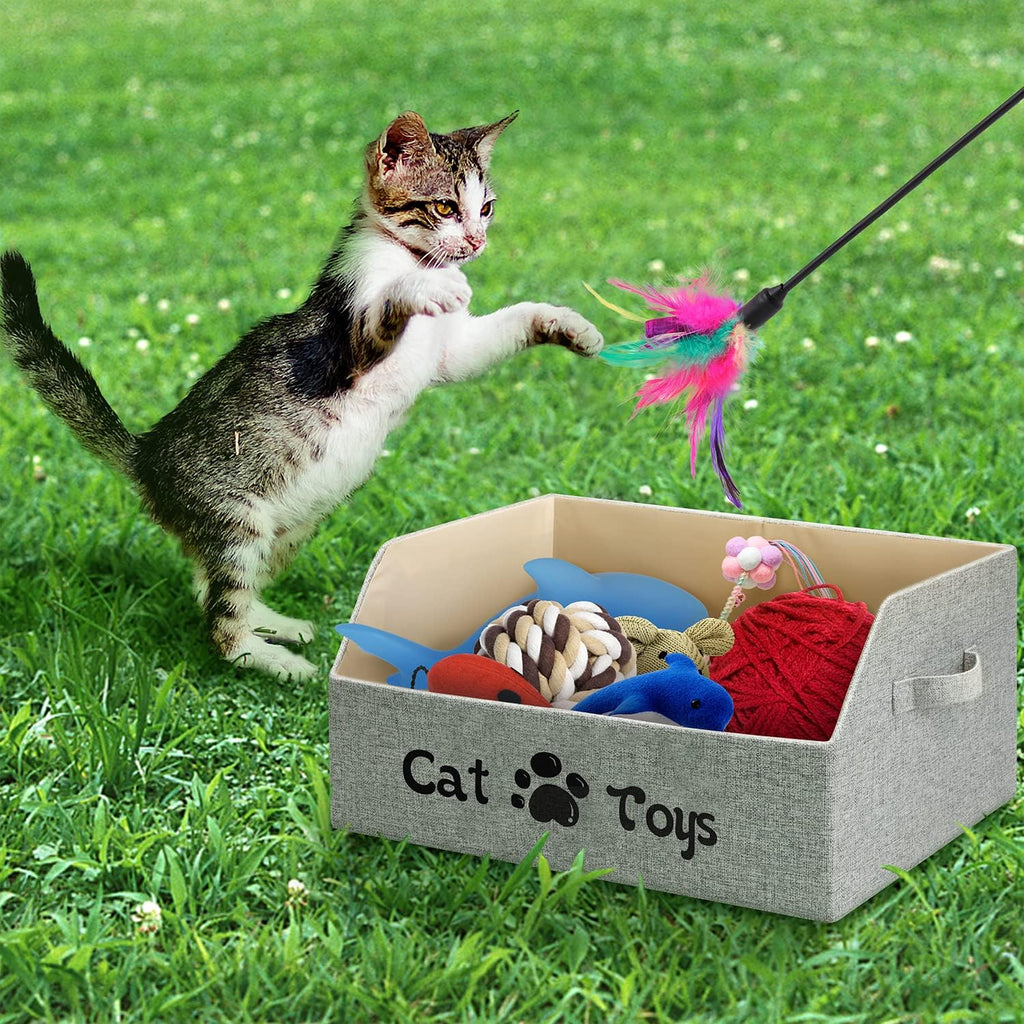 2X Thicker Large Cat Toy Bin Collapsible Cat Toy Box Sturdy Cat Toy Basket Kitten Toy Storage Bed for Organizing Cat Toys Treats Clothes and Accessories (Grey)