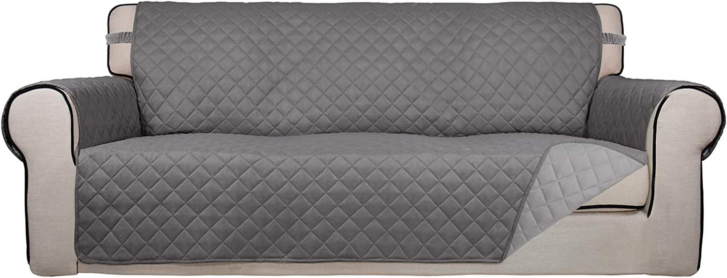 Reversible Quilted Sofa Cover, Water Resistant Slipcover Furniture Protector, Washable Couch Cover with Non Slip and Elastic Straps for Kids, Dogs, Pets (Sofa, Gray/Light Gray)