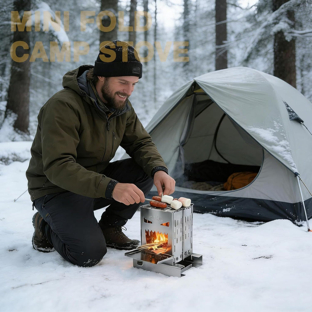 Survival Stove for Camping Cooking, Portable Wood Burning Stove, Stable Stainless Steel Foldable Camp Stove, Emergency Outdoor Cooking Stove No Gas Required, Compact Bushcraft Stove