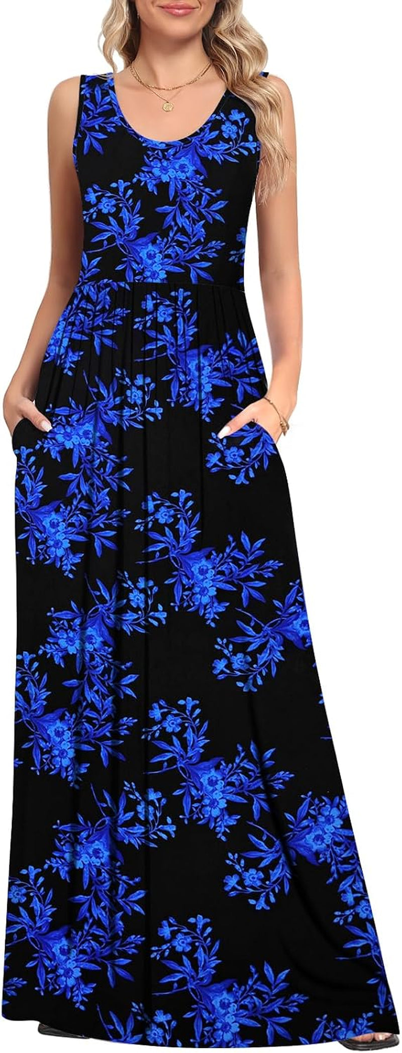 Summer Dresses for Women Flowy Casual Sleeveless Maxi Dress Beach Vacation Sundresses with Pockets S-2XL