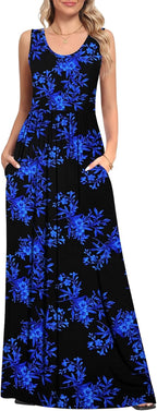 Summer Dresses for Women Flowy Casual Sleeveless Maxi Dress Beach Vacation Sundresses with Pockets S-2XL