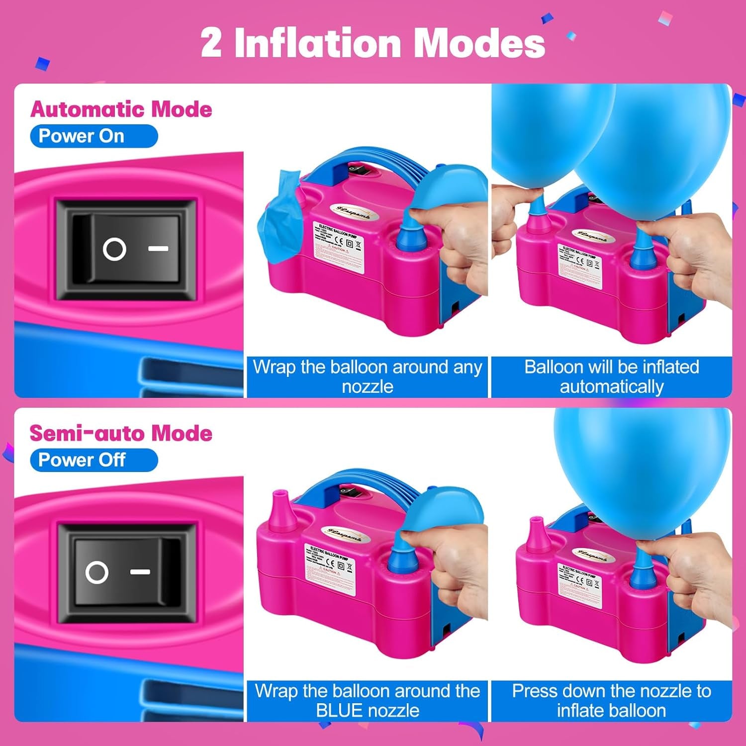 Balloon Pump, Electric Balloon Pump,Portable Dual Nozzles Electric Balloon Air Pump 110V 600W, Electric Balloon Inflator with Tying Tool, Colored Ribbons for Party Decoration