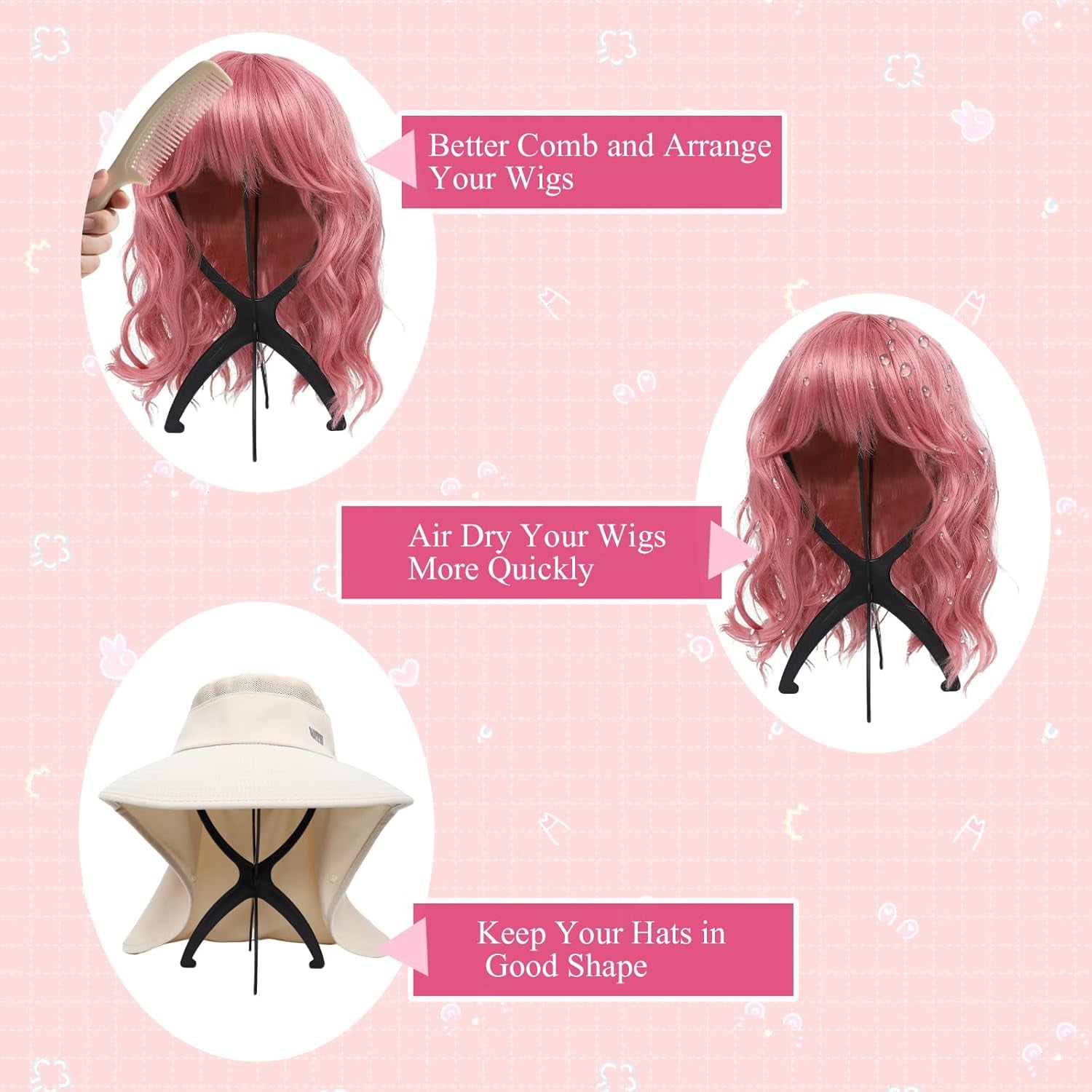 Portable Wig Stand Holder for Multiple Wigs, Black 2 Pack | Stable Tripod Design for Wig Styling, Drying, and Storage. Fits Multiple Wigs Securely